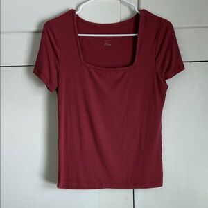 a new day Ribbed Deep Red Casual Square Neck Short Sleeve Top